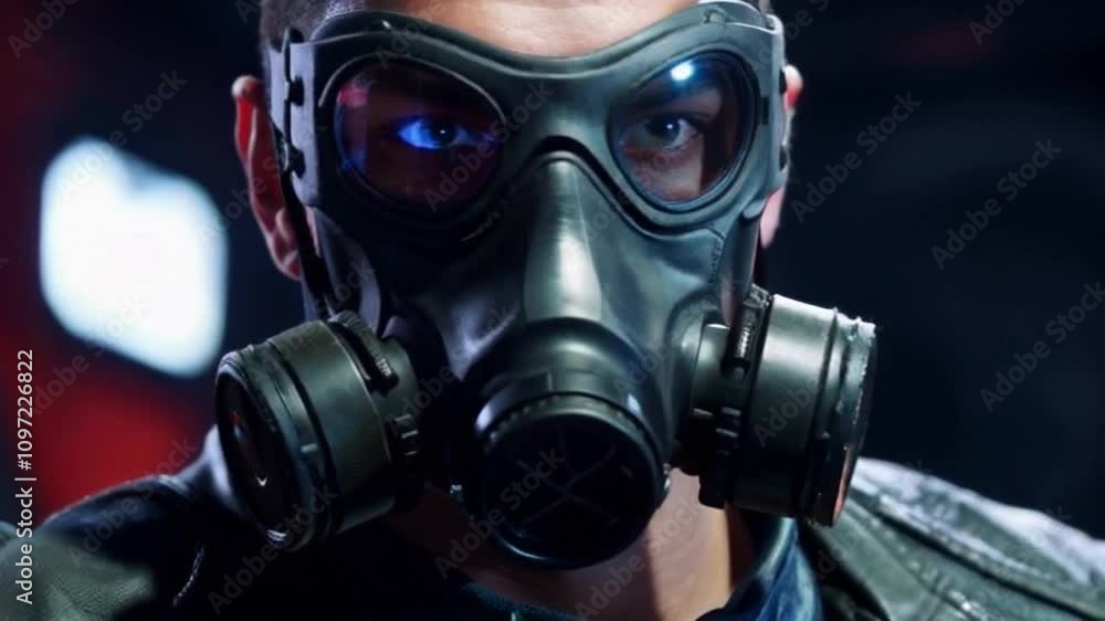 Man with reflective goggles and a gas mask in a dark, intense setting. Man with reflective goggles and a gas mask in a dark, intense setting.