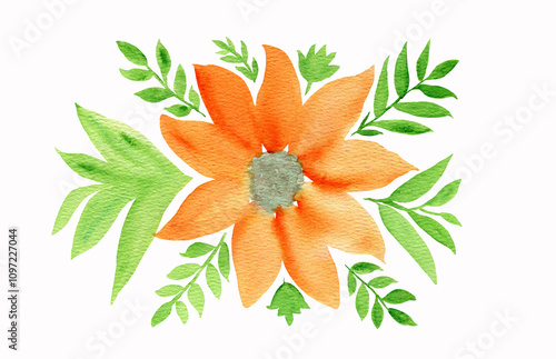 Bright rustic watercolor orange aster with green leaves floral bouquet. Vibrant watercolour daisy red flowers composition for invitation, wedding, birthday greeting cards design, print, sticker