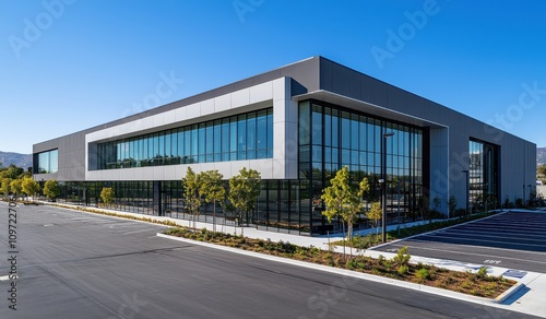 Modern industrial building exterior with glass facade and empty parking