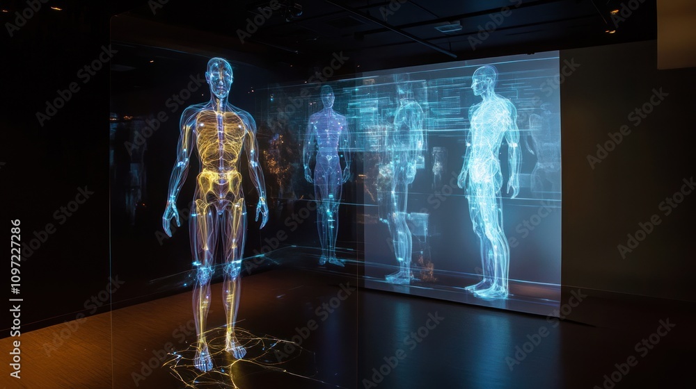 Fototapeta premium Holographic human body anatomy projections in dark room.