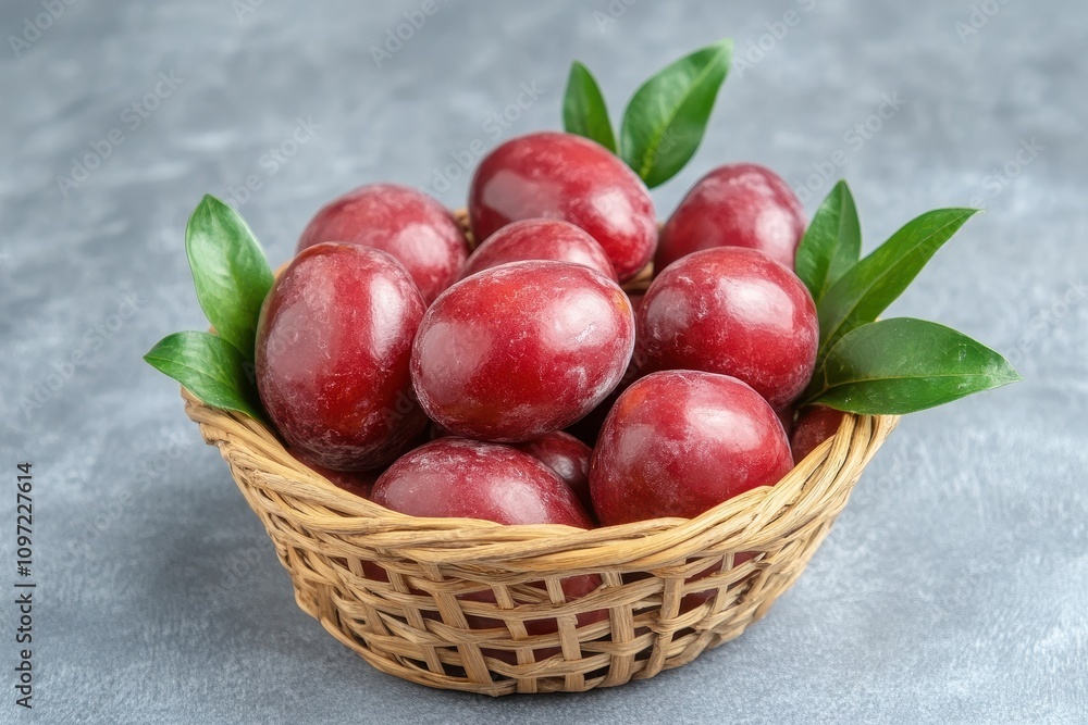 A basket of ripe and tasty Taiwanese Jujube on a gray table A basket of ripe and tasty Taiwanese Jujube on a gray table