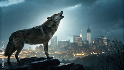 A profound howl echoes as a therian figure channels wolflike instincts urban lights shimmering in the background as darkness envelops the sky. photo