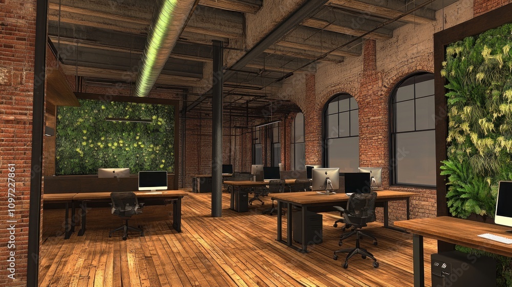 Industrial-style office space with exposed brick walls, wooden floors, and green walls. Industrial-style office space with exposed brick walls, wooden floors, and green walls.