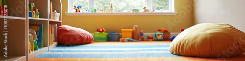 A cozy, inviting space, featuring a carpeted floor, soft pillows, and low shelves filled with developmentally appropriate toys. photo