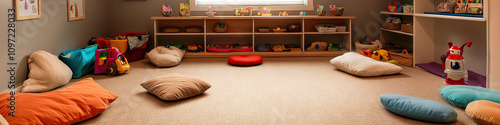 A cozy, inviting space, featuring a carpeted floor, soft pillows, and low shelves filled with developmentally appropriate toys. photo