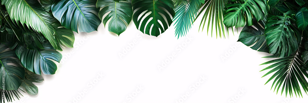 Lush tropical leaves create a serene natural frame on a minimalist white background, ideal for wellness, nature-themed designs, or travel promotions. Lush tropical leaves create a serene natural frame on a minimalist white background, ideal for wellness, nature-themed designs, or travel promotions.