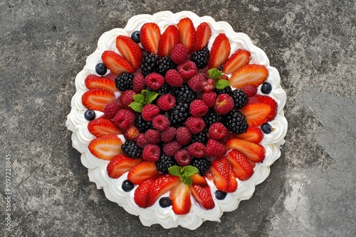 Bird s eye view of pavlova topped with assorted berries photo