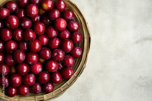 Bird s eye view of stacked plums in a bamboo basket on a white surface South Korea photo