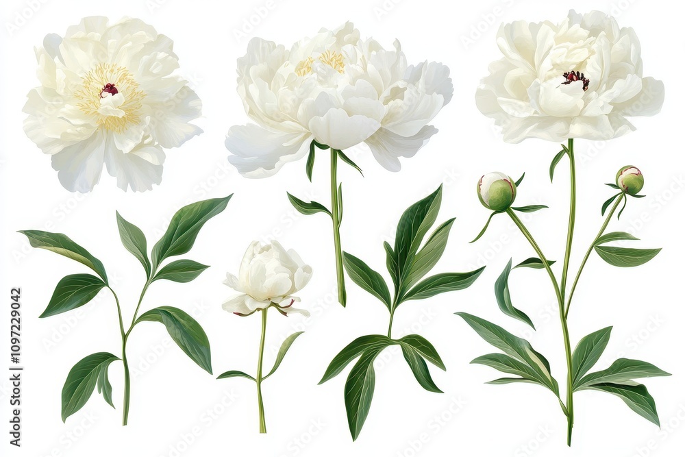 Botanical assortment of isolated white peonies on a white backdrop ideal for floral designs cards and weddings Botanical assortment of isolated white peonies on a white backdrop ideal for floral designs cards and weddings