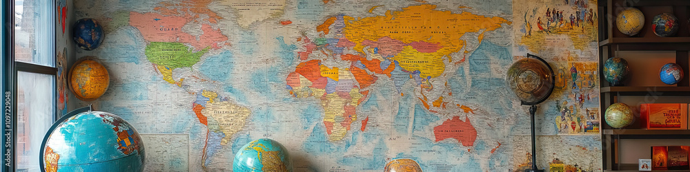 Naklejka premium Geographical Gateway: A map-covered wall and globe-filled corner, inspiring exploration of geography and world cultures.