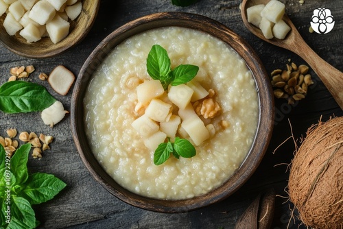 Bubur biji salak is a traditional Indonesian porridge made from sweet cassava brown sugar and tapioca served with coconut milk Popular for iftar during Ramadan photo