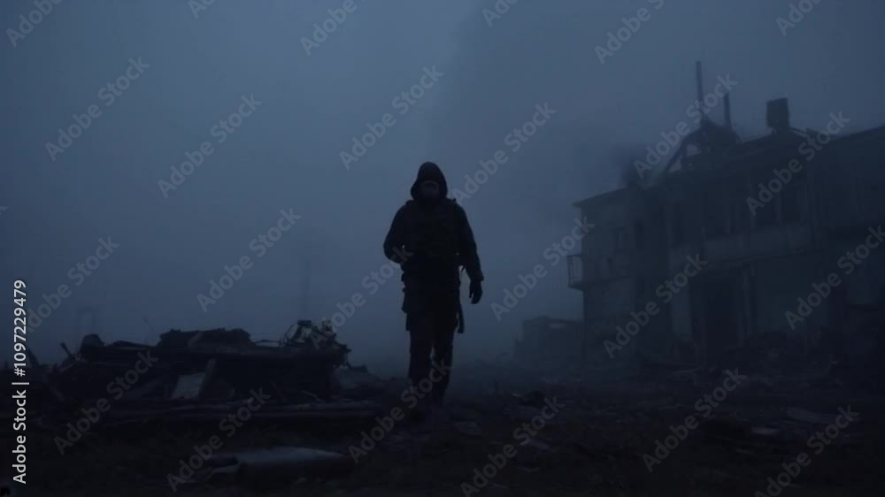 A lone figure in Chernobyl's misty ruins, shrouded in a haunting atmosphere. A lone figure in Chernobyl's misty ruins, shrouded in a haunting atmosphere.