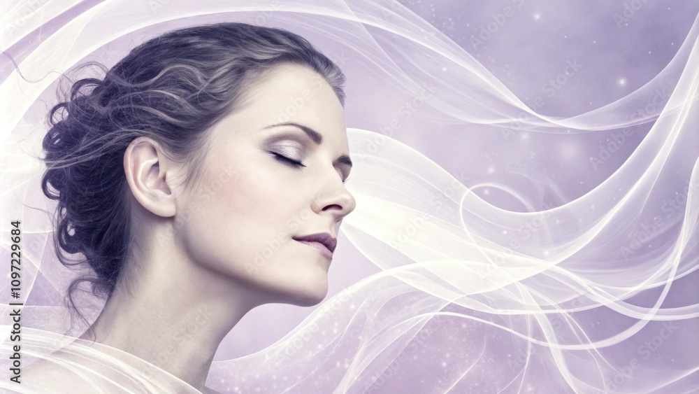A portrait of a woman with an ethereal expression surrounded by swirling translucent shapes in soft lilac and white that mimic the softness of her features adding a dreamlike A portrait of a woman with an ethereal expression surrounded by swirling translucent shapes in soft lilac and white that mimic the softness of her features adding a dreamlike