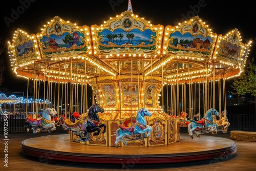 A beautifully lit carousel featuring intricately designed horses, inviting joy and nostalgia.