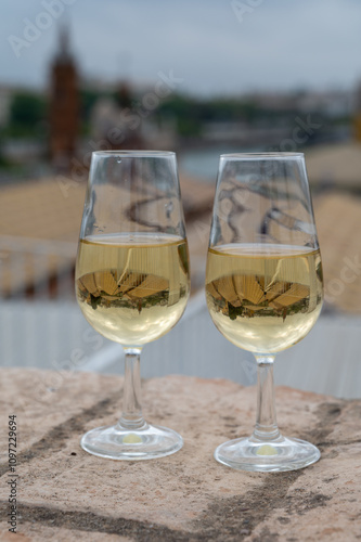 Sherry fino wine tasting on roof of old Triana district in Sevilla with view on Sevilla houses and churches, wine glasses