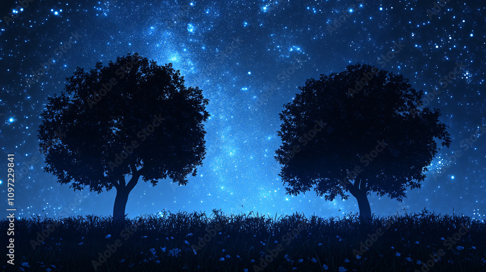 Two majestic trees stand in the shadow of a stunning starry night sky, bathed in the enchanting light of the milky way Two majestic trees stand in the shadow of a stunning starry night sky, bathed in the enchanting light of the milky way