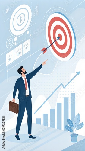 Businessman with target arrow virtual digital technology icon, business investment objectives and goals Marketing strategies and goals for success.