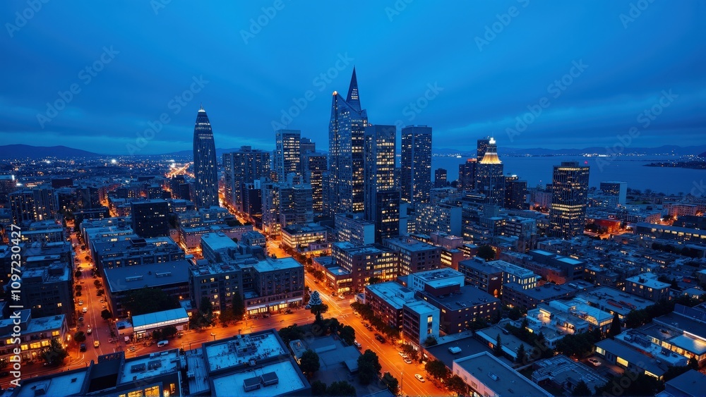 Obraz premium Generative AI, Dynamic Urban Skyline at Dusk