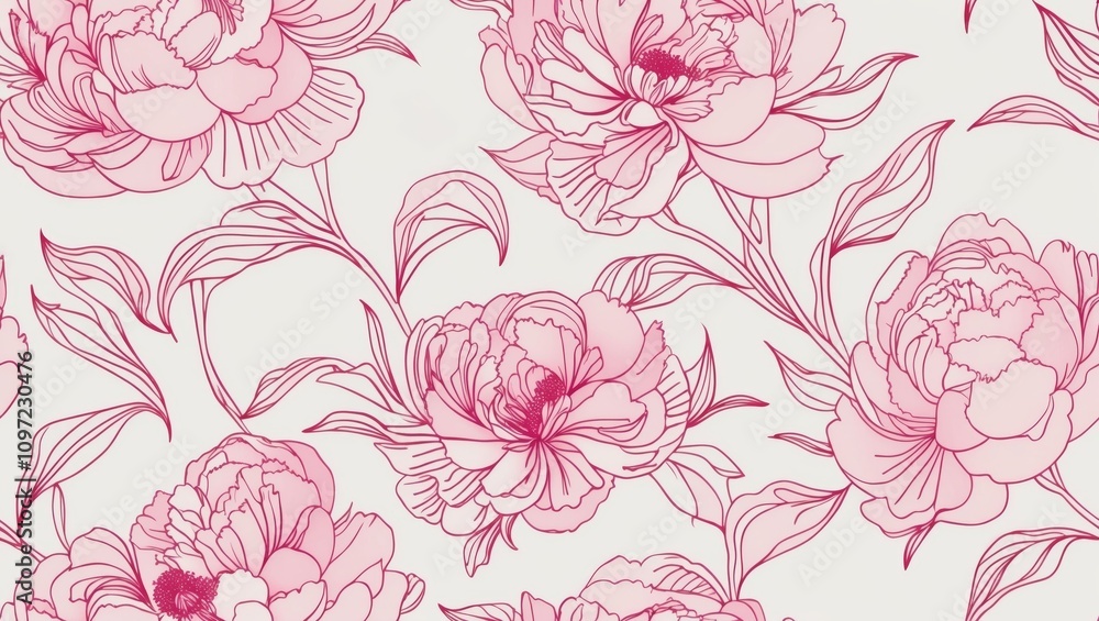 custom made wallpaper toronto digitalSeamless pink peony floral line art pattern on white background
