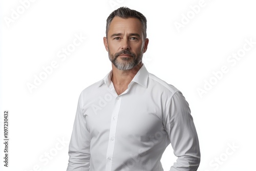 Complete business portrait of a self assured entrepreneur in a white shirt standing alone on a white backdrop