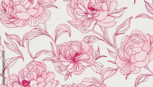 Wallpaper Mural Seamless pink peony floral line art pattern on white background Torontodigital.ca
