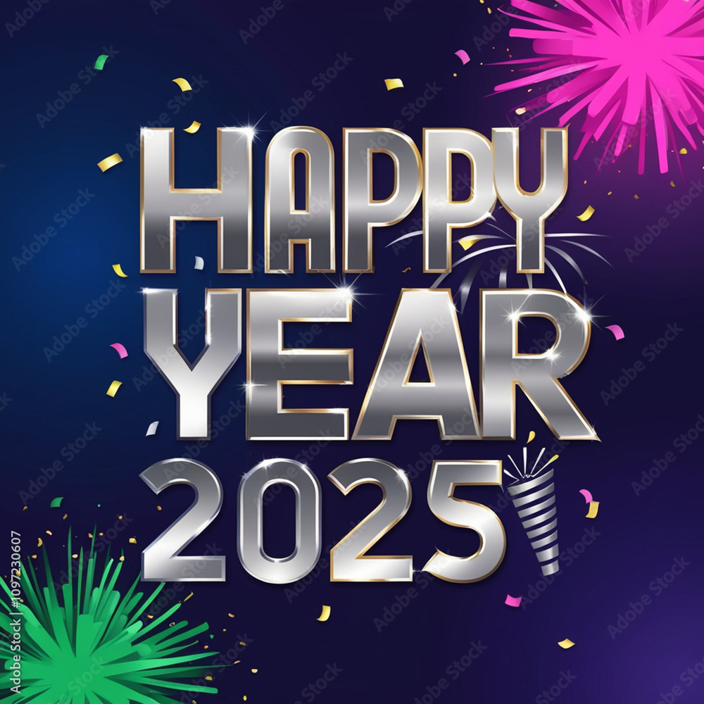 Fototapeta premium A vibrant, modern logo for Happy New Year 2025, featuring bold, silver fonts, gradient effect, set against dark blue or purple background that evokes luxury and celebration, Generated With AI Image.