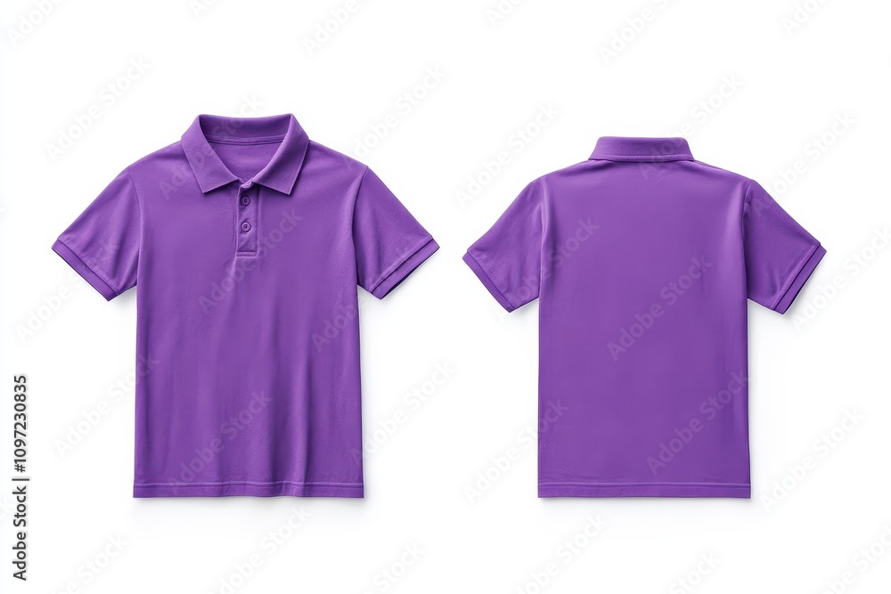 Design mockup of a plain purple polo shirt on a white background showcasing front and back views Design mockup of a plain purple polo shirt on a white background showcasing front and back views