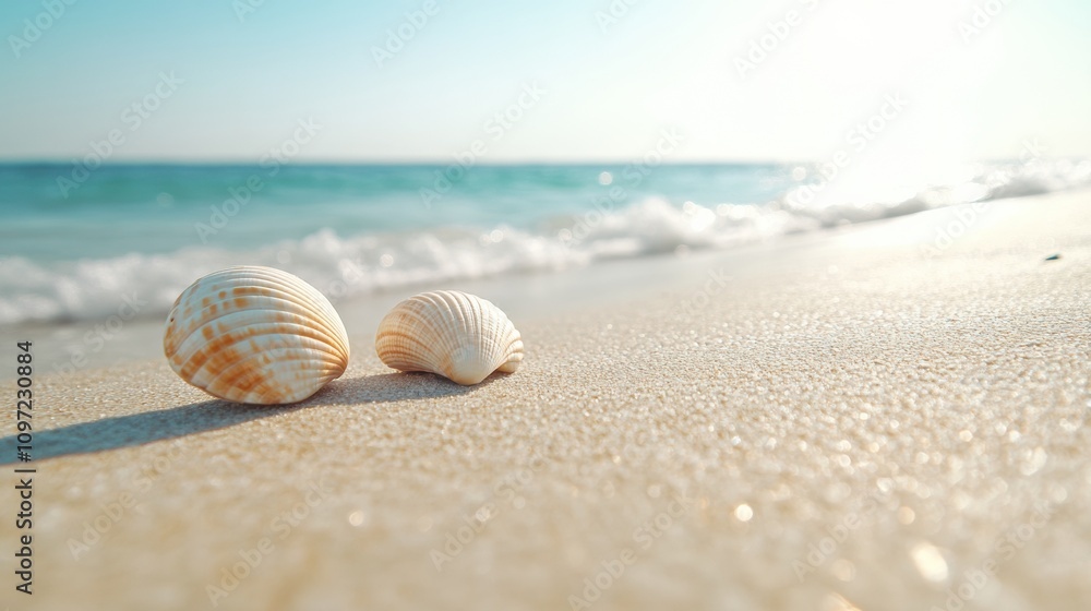Seashells rest on a sunlit beach, with gentle waves in the background, AI Seashells rest on a sunlit beach, with gentle waves in the background, AI