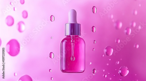 Droplet Reflection on Pink Background with Cosmetic Serum Bottle