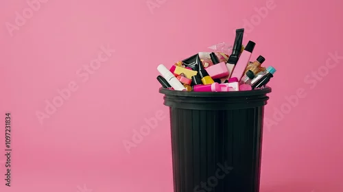 Obraz Colorful Beauty Products Overflowing from Trash Bin on Pink Background