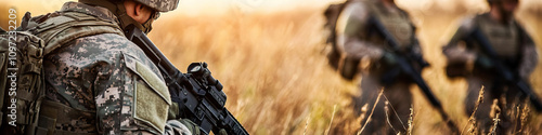 National Guard soldiers carrying assault rifles, patrolling a border area. photo