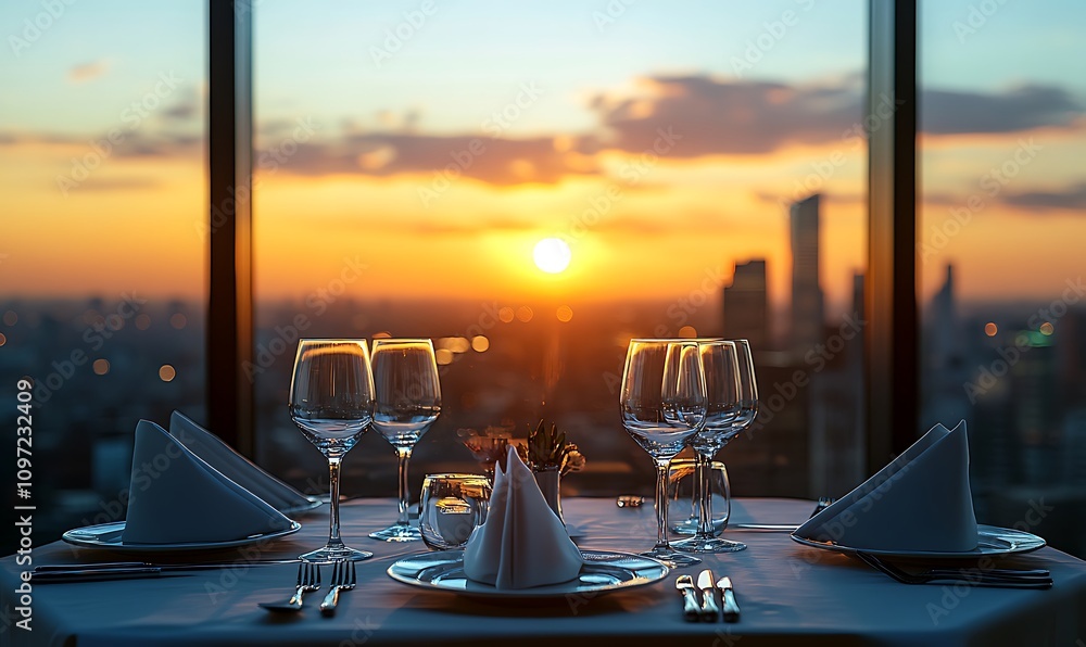 Fototapeta premium Elegant Dinner Table Setting with a Cityscape Sunset View 