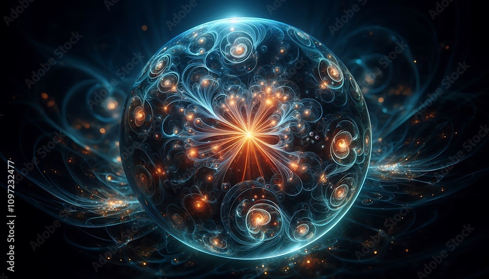 Obraz premium Hyper realistic glass orbs glowing with internal neon fractals, suspended in endless darkness