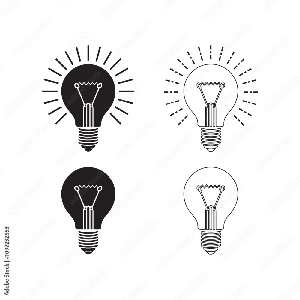 Bulb icon set silhouette filled and outline style vector art design template Bulb icon set silhouette filled and outline style vector art design template