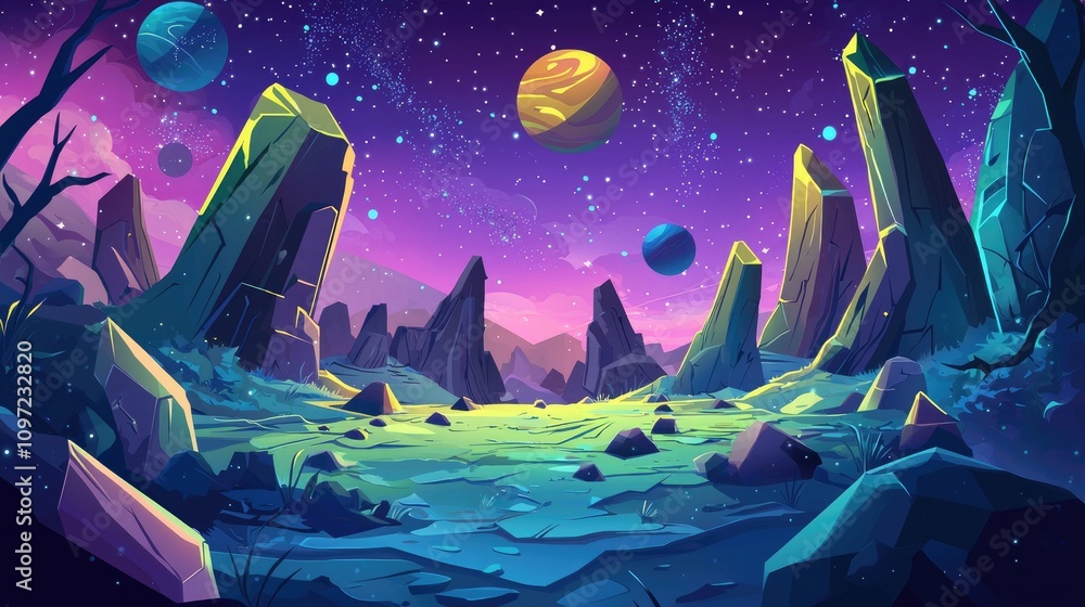 Crystal Mountains and Planets in a Starry Night Sky Crystal Mountains and Planets in a Starry Night Sky