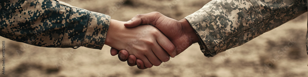 A male and female National Guard soldier, shaking hands over a patch of worn desert terrain. A male and female National Guard soldier, shaking hands over a patch of worn desert terrain.