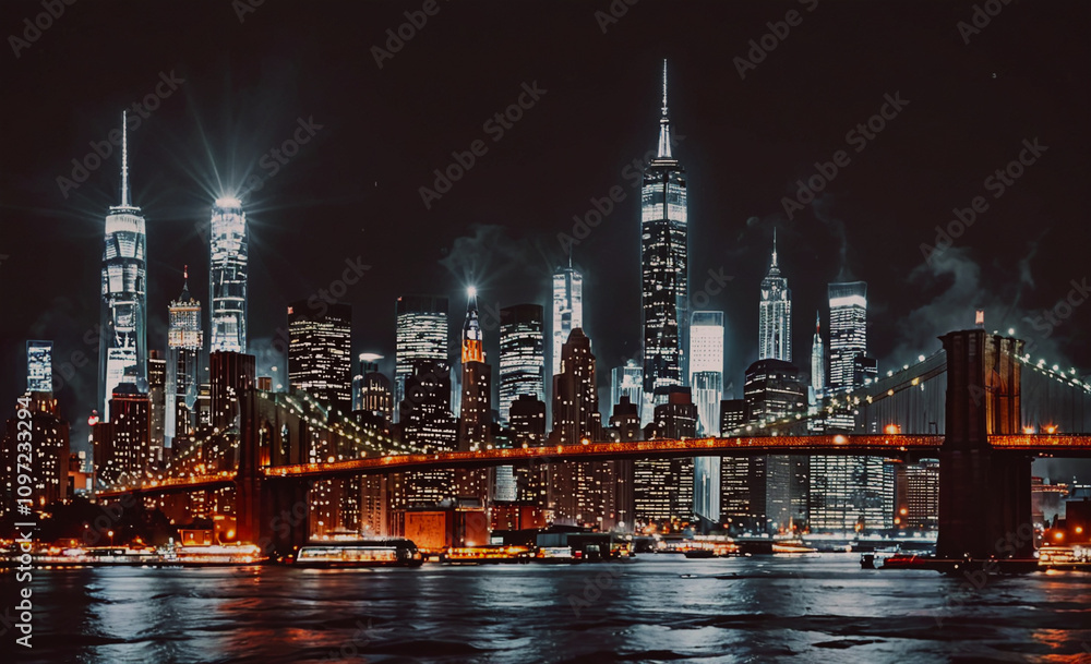 A city skyline at night with a bridge in the middle. The city is lit up ...