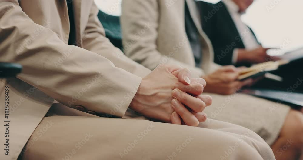 Anxiety, interview and hands of business person in Japan office for job search, waiting room and recruitment. Nervous, human resources and hiring with closeup of employee candidate for mental health Anxiety, interview and hands of business person in Japan office for job search, waiting room and recruitment. Nervous, human resources and hiring with closeup of employee candidate for mental health