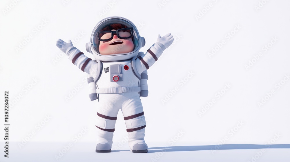 A cheerful cartoon character in an astronaut suit, expressing joy with arms raised. A cheerful cartoon character in an astronaut suit, expressing joy with arms raised.