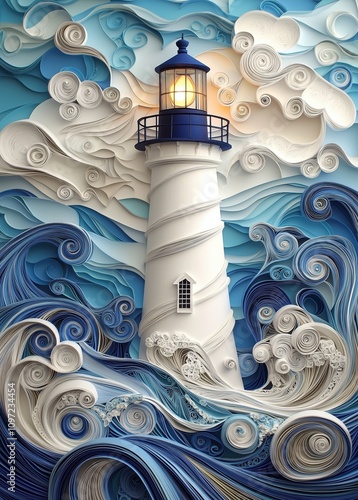 A lighthouse crafted from paper quilling, surrounded by swirling waves and a radiant sun. Whimsical and vibrant.