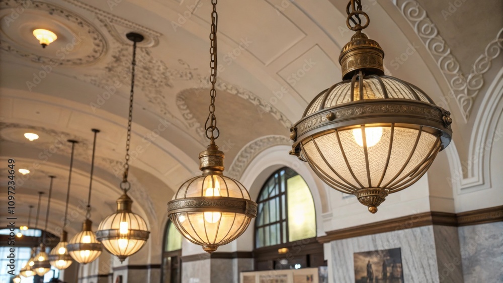 Fototapeta premium Vintagestyle light fixtures hang gracefully from the ceiling illuminating the space with a soft glow their metallic finishes complementing the artistic flair of the surrounding