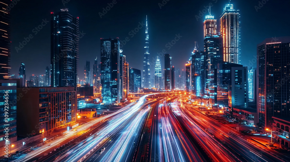Long exposure of car light trails on sheikh zayed road, dubai, united arab emirates, with illuminated skyscrapers at night Long exposure of car light trails on sheikh zayed road, dubai, united arab emirates, with illuminated skyscrapers at night