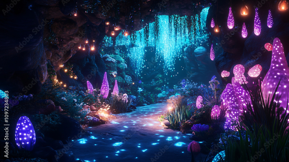 Fototapeta premium Bioluminescent flora lighting magical path through dark cave, creating otherworldly scene