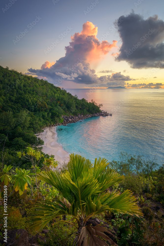 sunset at tropical beach anse georgette on praslin on the seyche