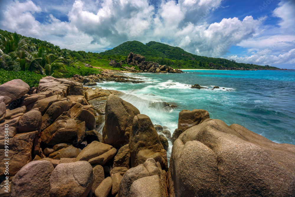 tropical beach anse songe on la digue on the seychelles