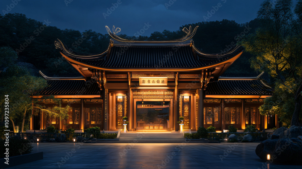 Naklejka premium Nighttime illumination of traditional chinese architecture with ornate design and serene courtyard setting