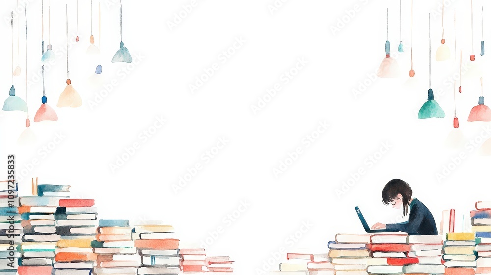 Young Girl Reading on Laptop Surrounded by Colorful Stacked Books Young Girl Reading on Laptop Surrounded by Colorful Stacked Books