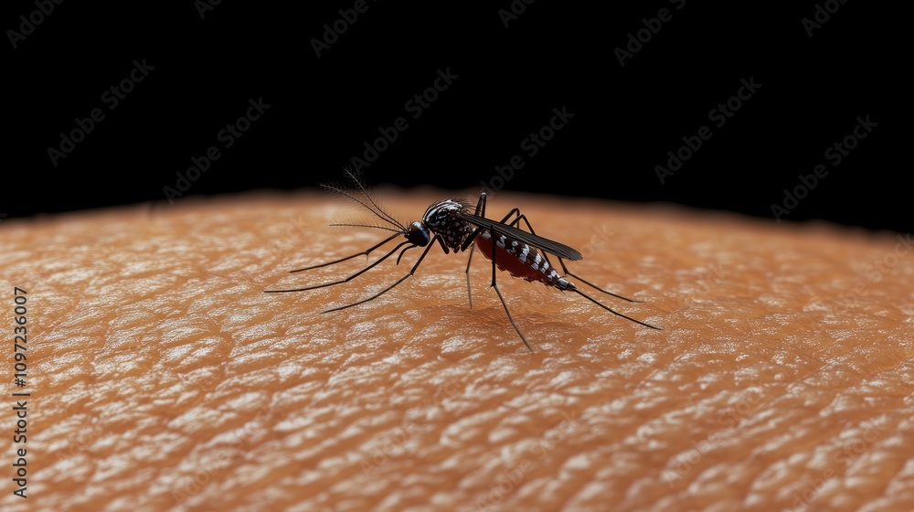 Close-up of a Mosquito Feeding on Human Skin in Detailed Focus