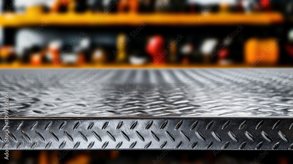 Naklejka premium A close-up of a metallic surface with a diamond pattern, set against a blurred background of tools and equipment in a workshop.