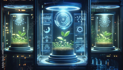 high-tech plant incubator glowing softly, with real-time growth data displayed holographically photo